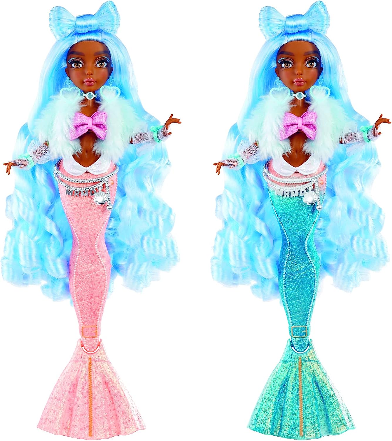 MERMAZE MERMAIDZ - SHELLNELLE - Muñeca de Moda Sirena con Cola Que Cambia de Color en Agua Helada y Pelo Azul - Incluye Vestido y Accesorios - Articulada, Puede posar - Coleccionable - Edad: 4+ años