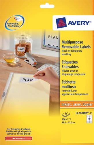 Avery Multipurpose Mini Removable Label 99x42.3mm 12 Per A4 Sheet White (Pack 300 Labels) L4743REV-25