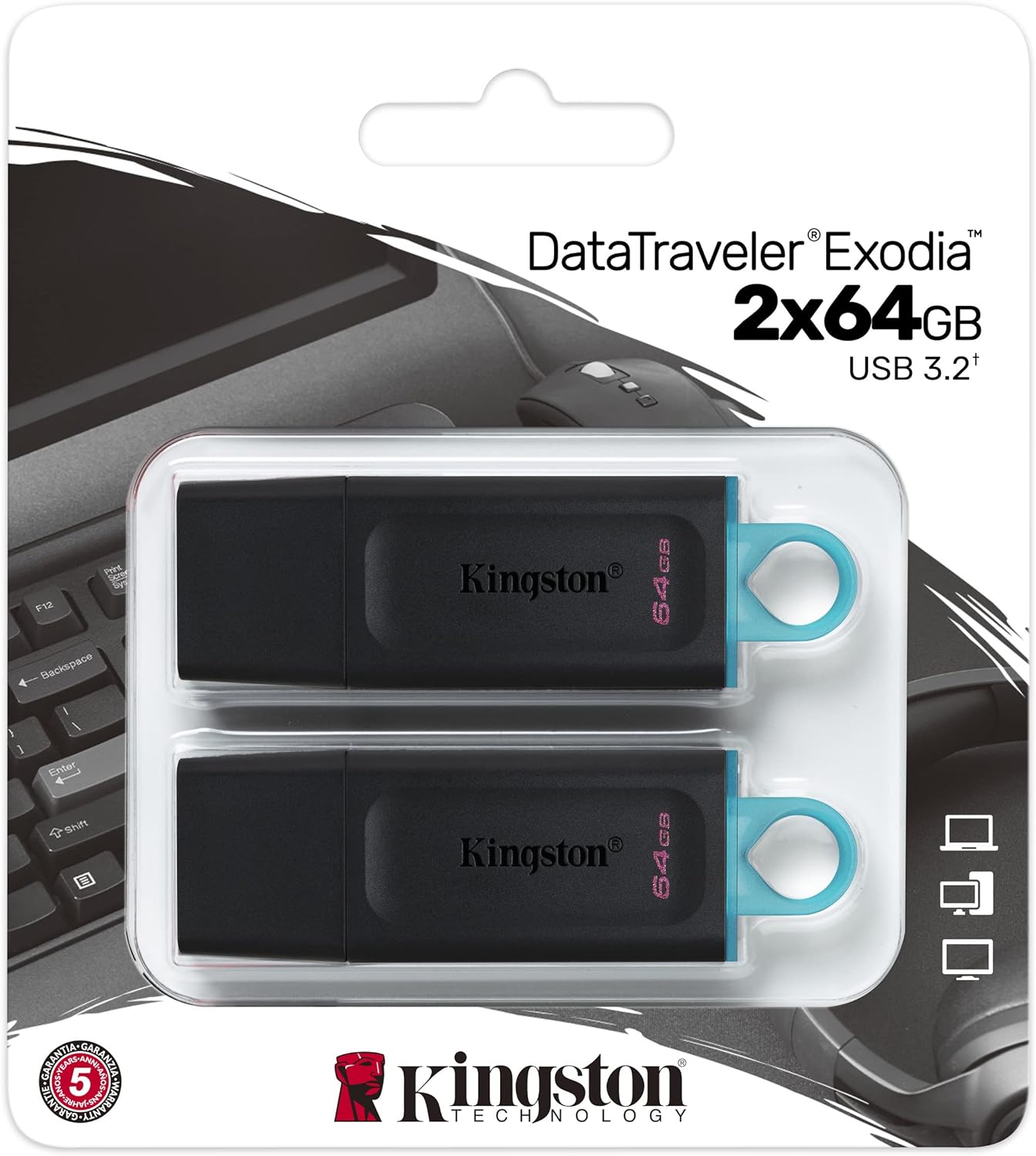 Kingston DataTraveler Exodia DTX/64GB-2P Flash Drive USB 3.2 Gen 1 - with Protective Cap and Keyring in Multiple Colours
