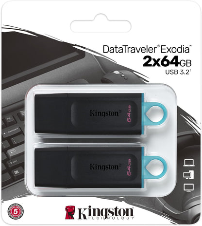 Kingston DataTraveler Exodia DTX/64GB-2P Flash Drive USB 3.2 Gen 1 - with Protective Cap and Keyring in Multiple Colours