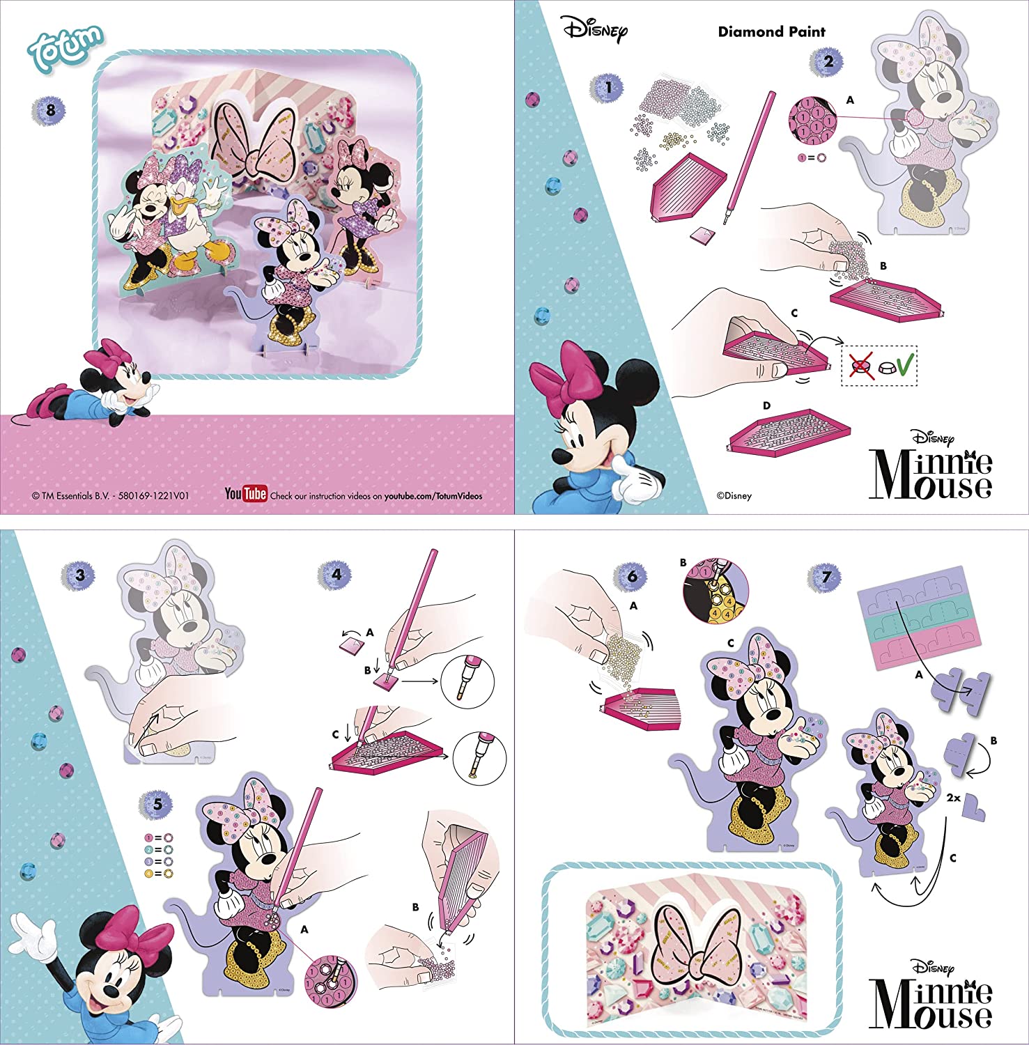 Totum Disney Minnie Mouse Diamond Painting Set para niños: tarjetas de papel y figuras decoradas con hermosos diamantes de imitación, regalo para niñas