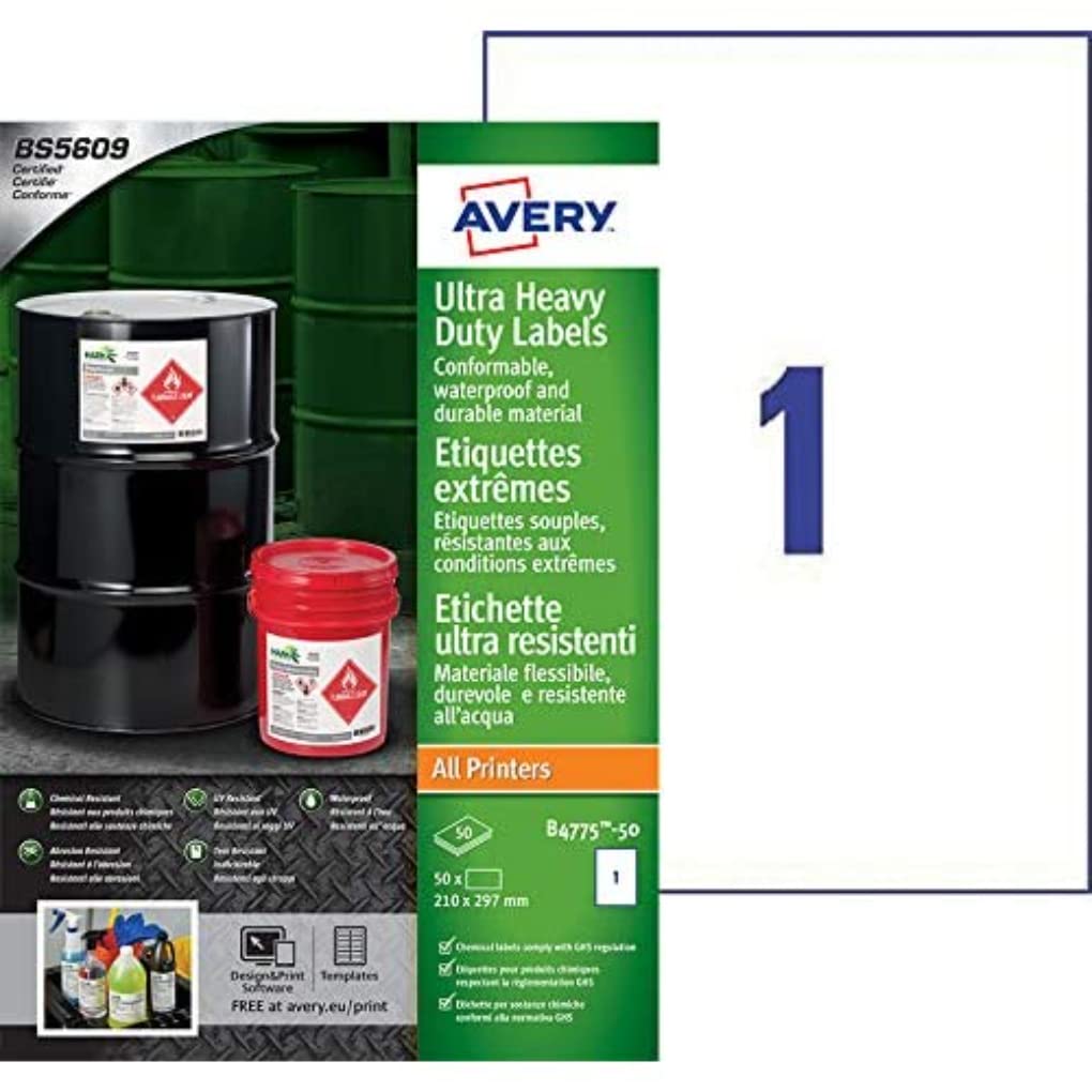 Avery B4775-50 (210 x 297mm) Extra Strong Adhesive, Ultra Heavy Duty Industrial Waterproof GHS Labels, 1 Label Per A4 Sheet,White