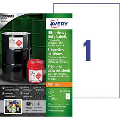 Avery B4775-50 (210 x 297mm) Extra Strong Adhesive, Ultra Heavy Duty Industrial Waterproof GHS Labels, 1 Label Per A4 Sheet,White