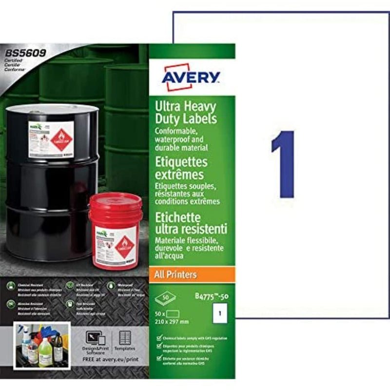 Avery B4775-50 (210 x 297mm) Extra Strong Adhesive, Ultra Heavy Duty Industrial Waterproof GHS Labels, 1 Label Per A4 Sheet,White