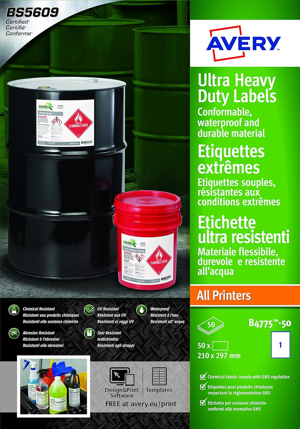 Avery B4775-50 (210 x 297mm) Extra Strong Adhesive, Ultra Heavy Duty Industrial Waterproof GHS Labels, 1 Label Per A4 Sheet,White