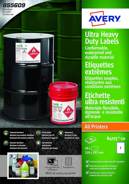 Avery B4775-50 (210 x 297mm) Extra Strong Adhesive, Ultra Heavy Duty Industrial Waterproof GHS Labels, 1 Label Per A4 Sheet,White