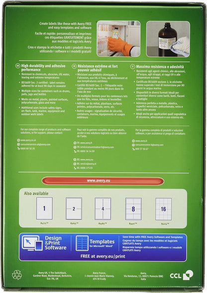 Avery B3655-50 (210 x 148.5mm) Extra Strong Adhesive, Ultra Heavy Duty Industrial Waterproof GHS Labels, 2 Labels Per A4 Sheet