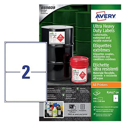 Avery B3655-50 (210 x 148.5mm) Extra Strong Adhesive, Ultra Heavy Duty Industrial Waterproof GHS Labels, 2 Labels Per A4 Sheet