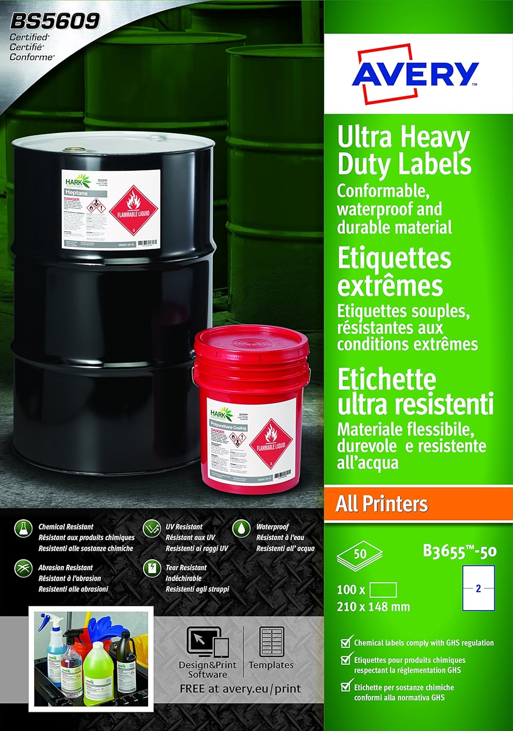 Avery B3655-50 (210 x 148.5mm) Extra Strong Adhesive, Ultra Heavy Duty Industrial Waterproof GHS Labels, 2 Labels Per A4 Sheet
