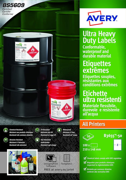 Avery B3655-50 (210 x 148.5mm) Extra Strong Adhesive, Ultra Heavy Duty Industrial Waterproof GHS Labels, 2 Labels Per A4 Sheet