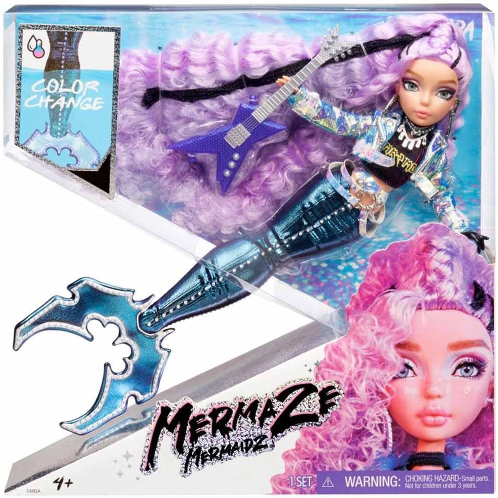 MERMAZE MERMAIDZ - Riviera - Muñeca de Moda Sirena con Cola Que Cambia de Color en Agua Tibia y Pelo Rizado y Morado - Incluye Vestido y Accesorios - Articulada, Puede posar - Coleccionable