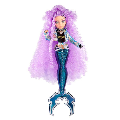 MERMAZE MERMAIDZ - Riviera - Muñeca de Moda Sirena con Cola Que Cambia de Color en Agua Tibia y Pelo Rizado y Morado - Incluye Vestido y Accesorios - Articulada, Puede posar - Coleccionable