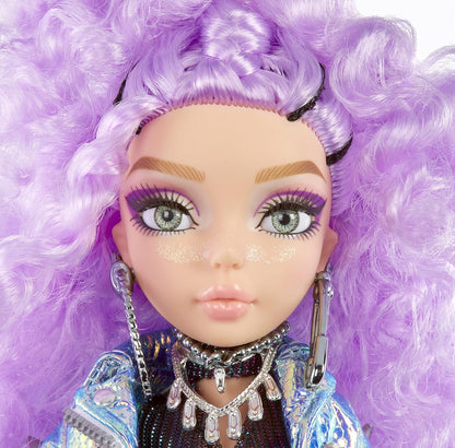 MERMAZE MERMAIDZ - Riviera - Muñeca de Moda Sirena con Cola Que Cambia de Color en Agua Tibia y Pelo Rizado y Morado - Incluye Vestido y Accesorios - Articulada, Puede posar - Coleccionable
