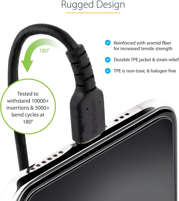 StarTech.com 1m (3ft) USB C to Lightning Cable, MFi Certified, Coiled iPhone Charger Cable, Black, Durable TPE Jacket Aramid Fiber, Heavy Duty Coil Lightning Cable (RUSB2CLT1MBC