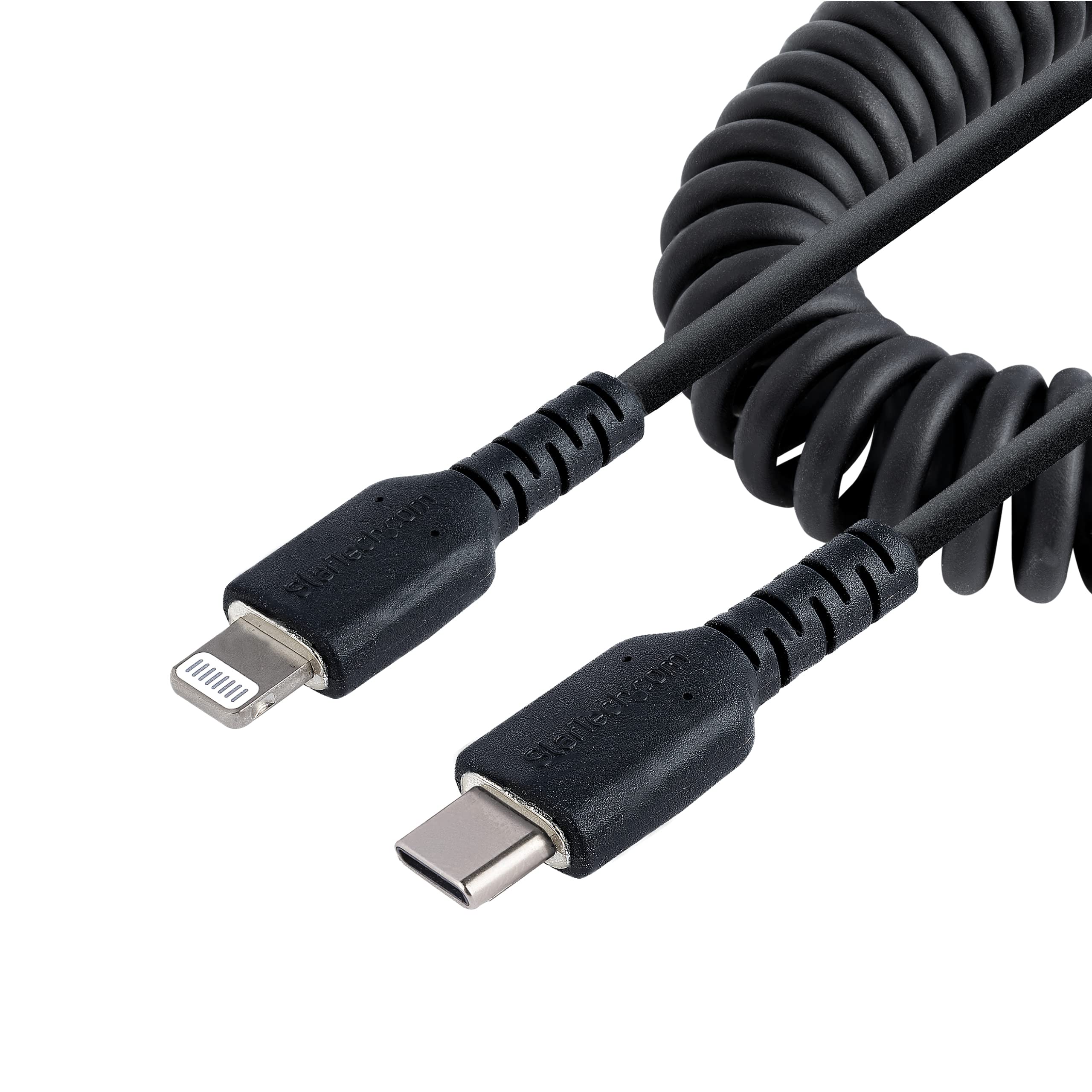 StarTech.com 1m (3ft) USB C to Lightning Cable, MFi Certified, Coiled iPhone Charger Cable, Black, Durable TPE Jacket Aramid Fiber, Heavy Duty Coil Lightning Cable (RUSB2CLT1MBC