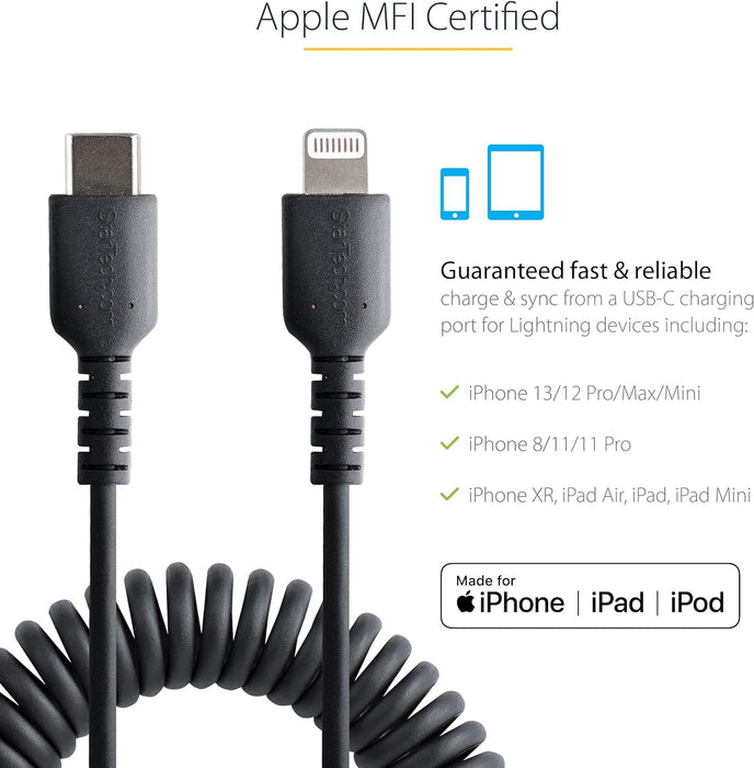 StarTech.com 1m (3ft) USB C to Lightning Cable, MFi Certified, Coiled iPhone Charger Cable, Black, Durable TPE Jacket Aramid Fiber, Heavy Duty Coil Lightning Cable (RUSB2CLT1MBC