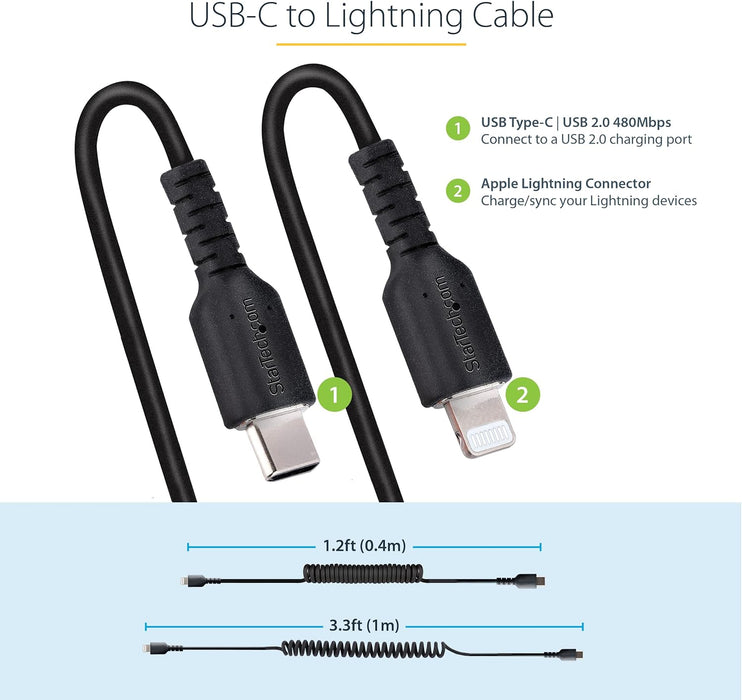StarTech.com 1m (3ft) USB C to Lightning Cable, MFi Certified, Coiled iPhone Charger Cable, Black, Durable TPE Jacket Aramid Fiber, Heavy Duty Coil Lightning Cable (RUSB2CLT1MBC