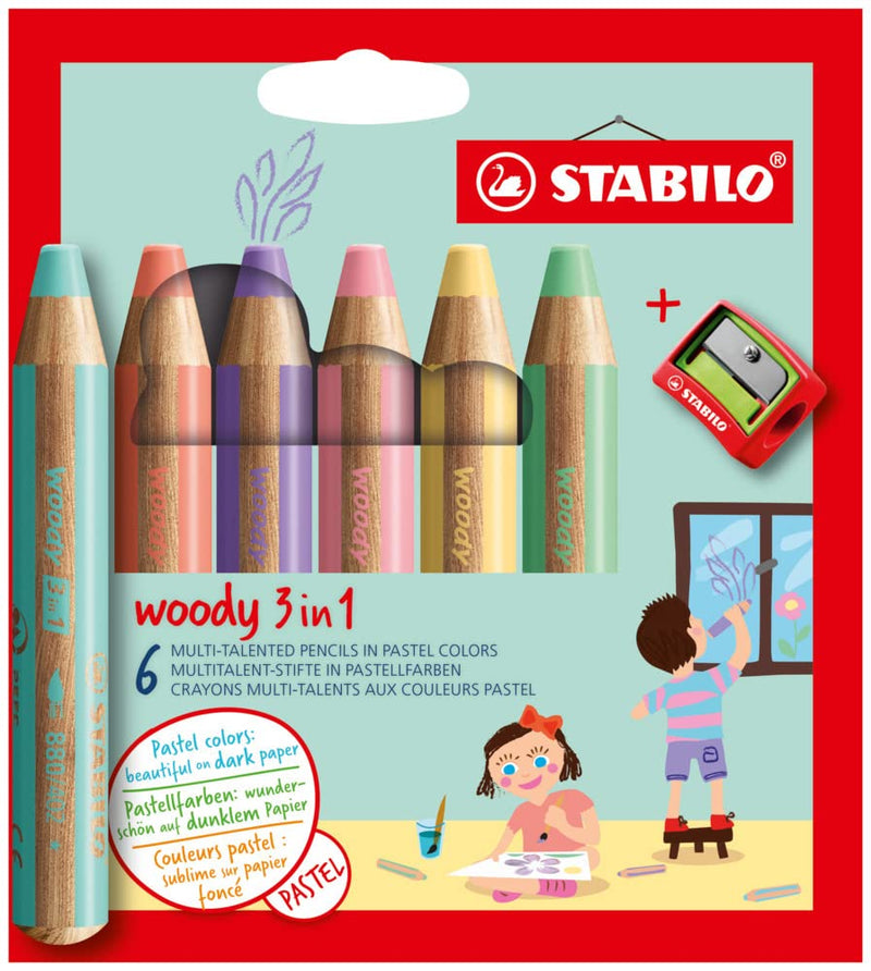Multi-Talented Pencil - STABILO woody 3 in 1 - Pack of 6 - Assorted Pastel Colours with Sharpener