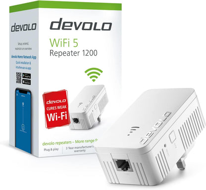 Devolo 8868 WiFi 5 Repeater 1200 up to 1,200 Mbit/s; Mesh WiFi Amplifier, Access Point, WiFi Socket, WiFi Repeater 1x LAN Connection, White