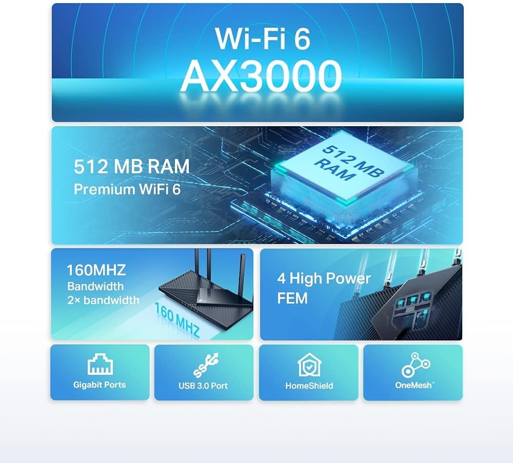 TP-Link Next-Gen Wi-Fi 6 AX3000 Mbps Gigabit Dual Band Wireless Router, OneMesh™ Supported, 1× USB 3.0 Port, Ideal for Gaming Xbox/PS4/Steam and 8K, Compatible with Alexa (Archer AX55