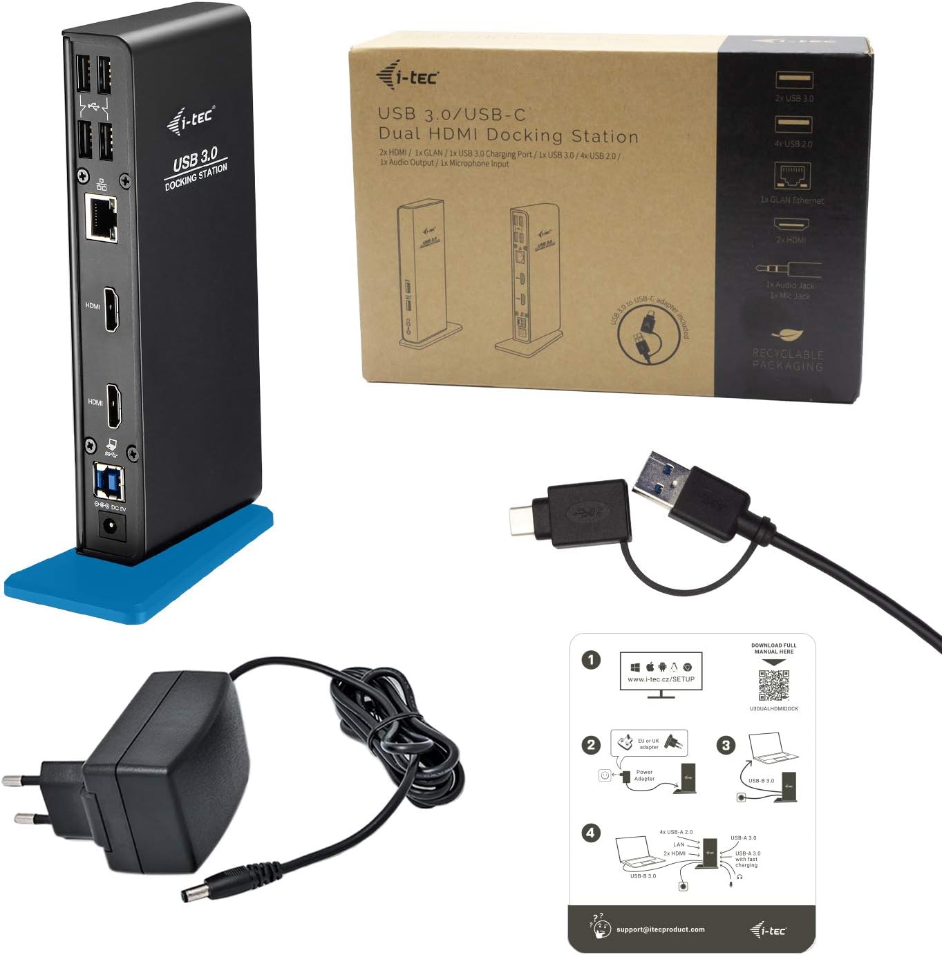 i-tec USB 3.0/USB-C Dual Docking Station for Tablets und Notebooks – 2x HDMI Full HD+, 4x USB 2.0, 2x USB 3.0, Gigabit Ethernet, Audio/Mic, Compatible with Windows, macOS, Linux