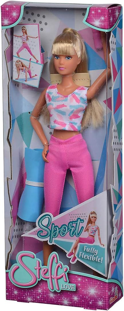 Simba 105733501 - Steffi Love Sport, Puppe in sportlicher Kleidung mit voll beweglichen Körper, 14 Gelenke, mit Sportmatte und Trinkflasche, 29cm, Für Kinder ab 3 Jahren