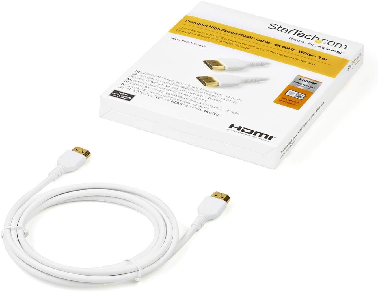 StarTech.com 6ft (2m) Premium Certified HDMI 2.0 Cable with Ethernet - Durable High Speed UHD 4K 60Hz HDR - Rugged M/M HDMI Cord with Aramid Fiber - TPE - Ultra HD Monitors, TVs & Displays (RHDMM2MPW