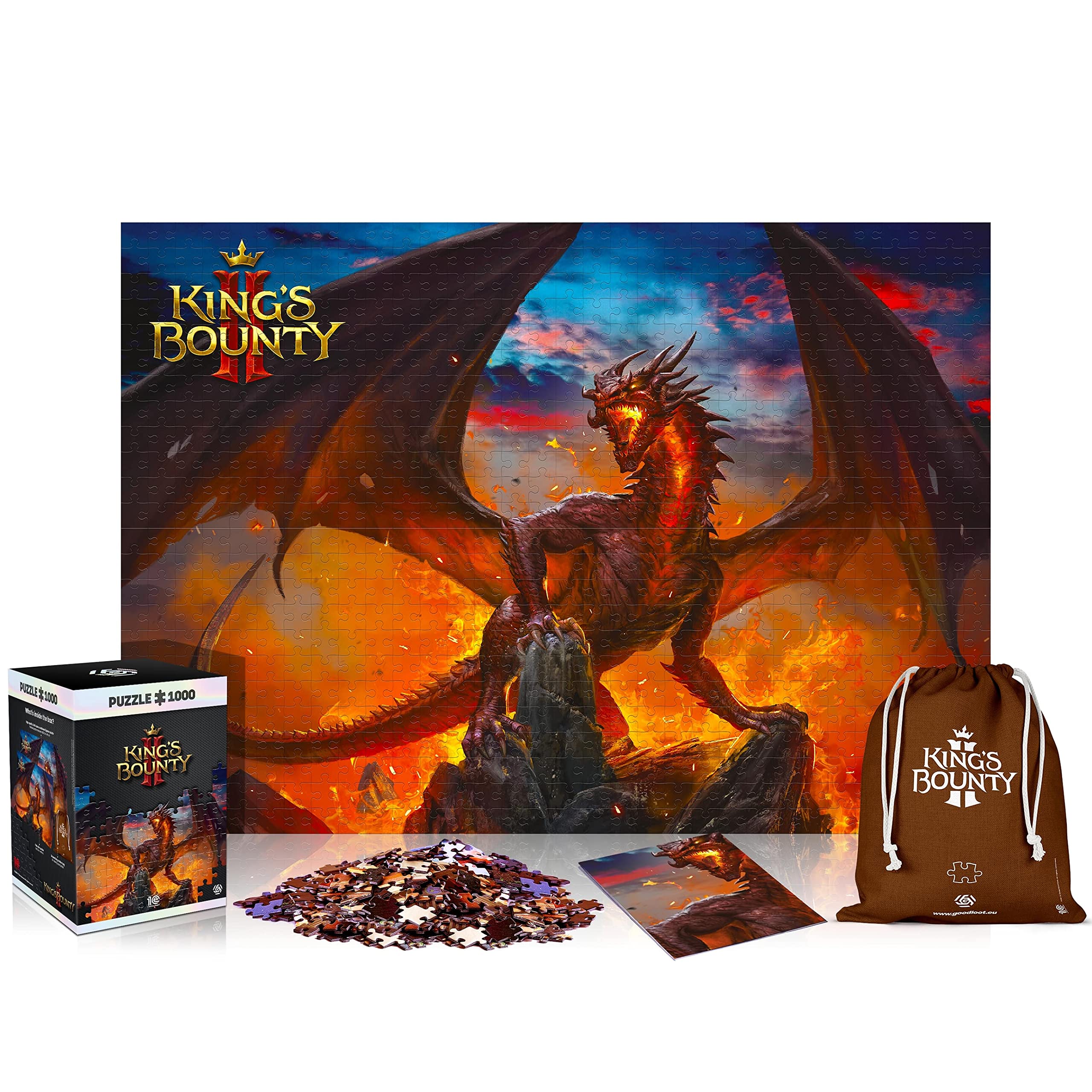 King's Bounty II: Dragon Puzzel 1000 stukjes, inclusief poster en tas, 68 x 48 cm, volwassenen en kinderen vanaf 14 jaar, een goed kerst- of verjaardagscadeau, videospel, decoratie
