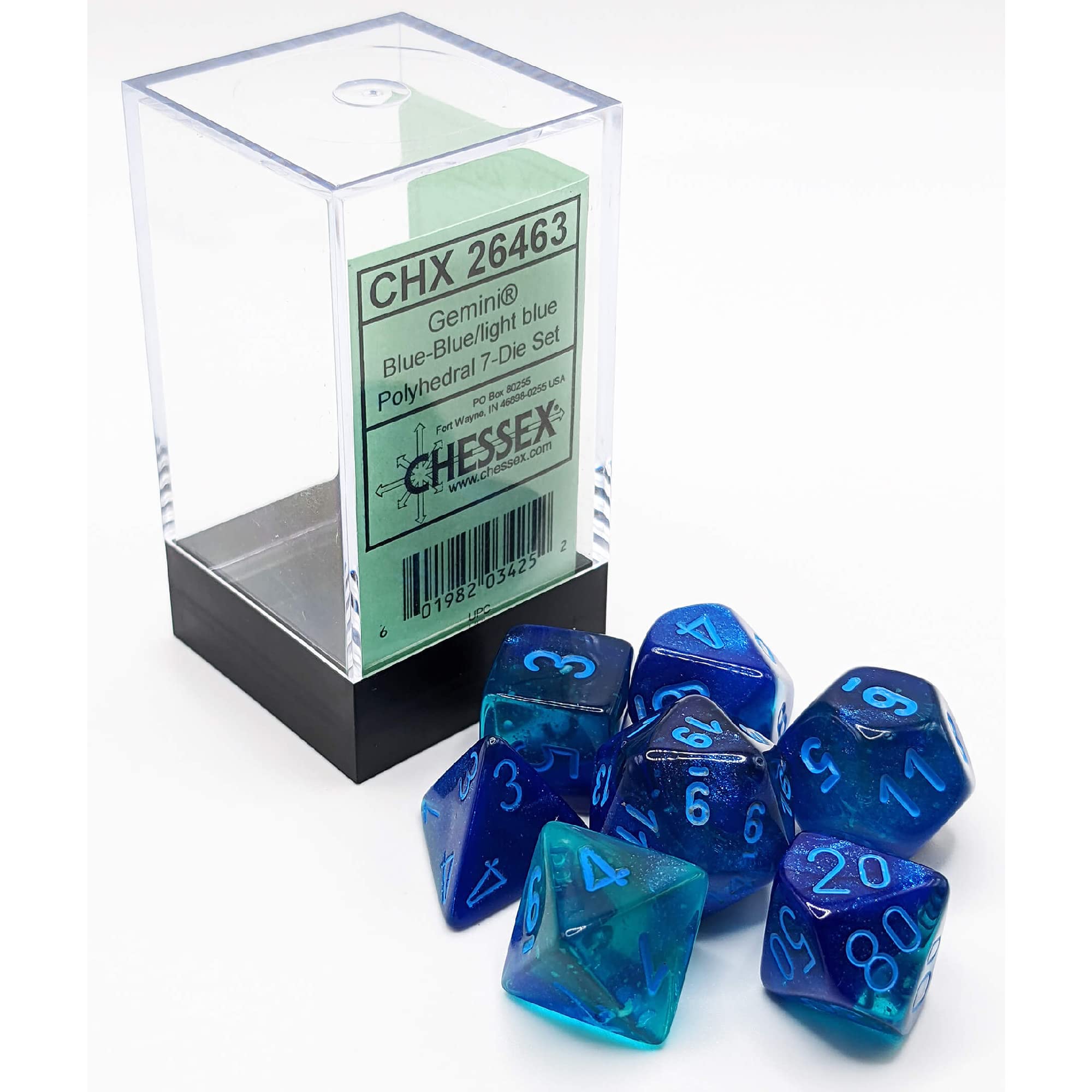 Chessex Gemini Luminary Dice Set 7 Polyhedral Dice Blue with Light Blue