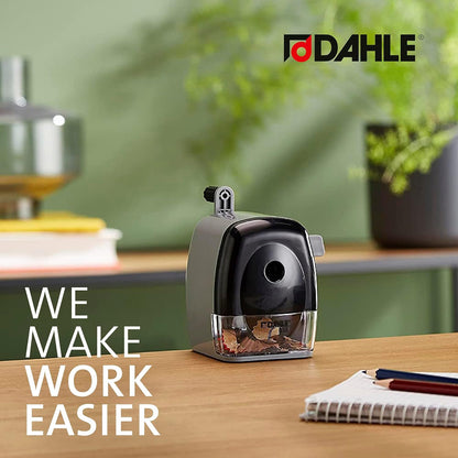 Dahle 133 Manual Standard and Oversized Pencil Sharpener - Adjustable Point, Shavings Cup, Mounting Clamp - for Home and Office Use - Silver Black