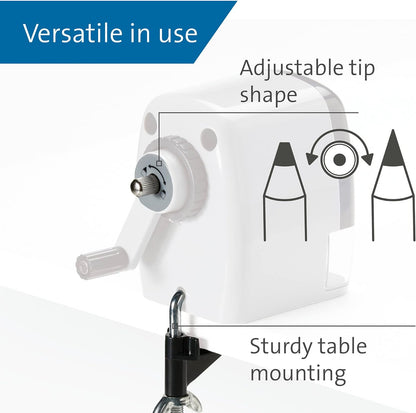 Dahle 133 Manual Standard and Oversized Pencil Sharpener - Adjustable Point, Shavings Cup, Mounting Clamp - for Home and Office Use - Silver Black