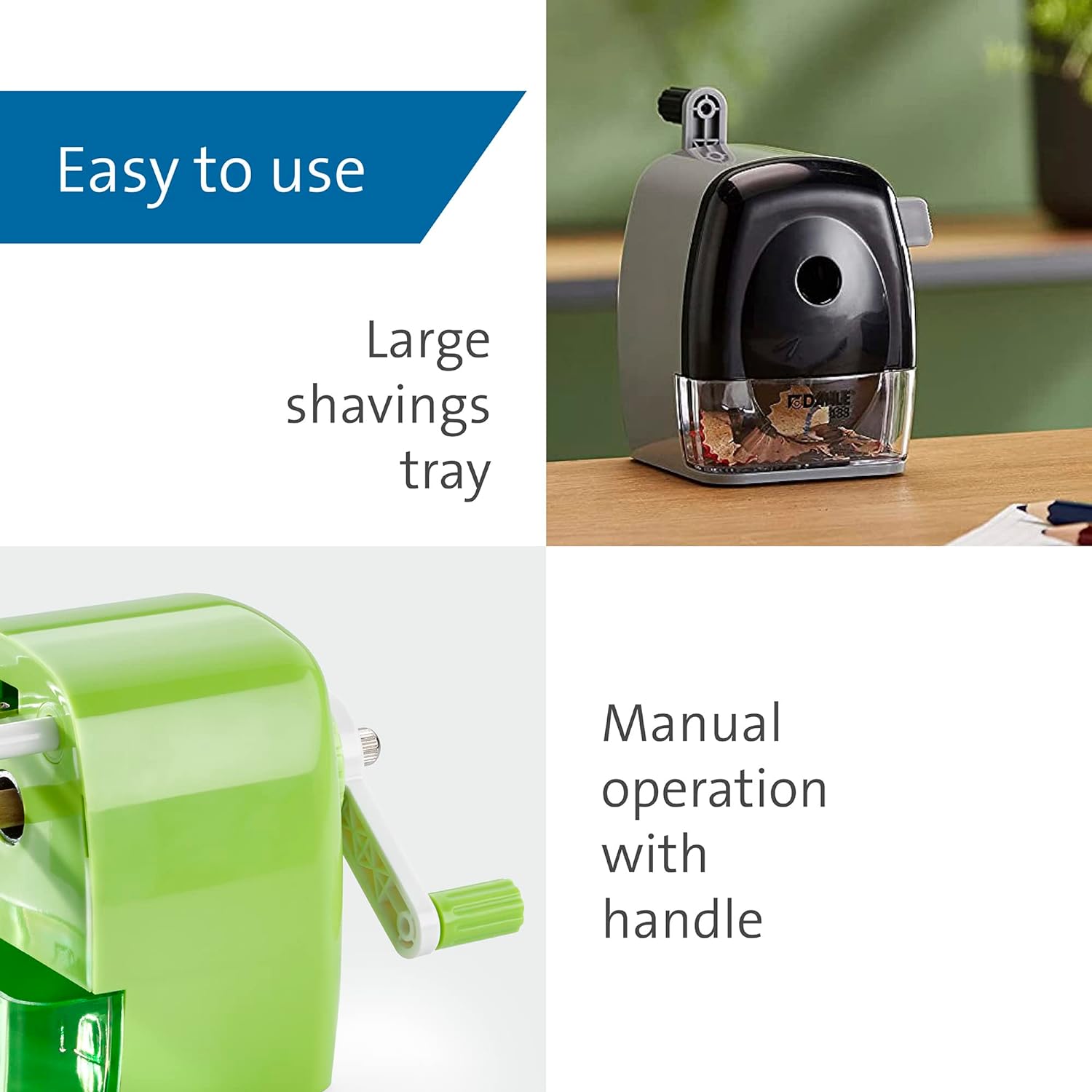 Dahle 133 Manual Standard and Oversized Pencil Sharpener - Adjustable Point, Shavings Cup, Mounting Clamp - for Home and Office Use - Silver Black