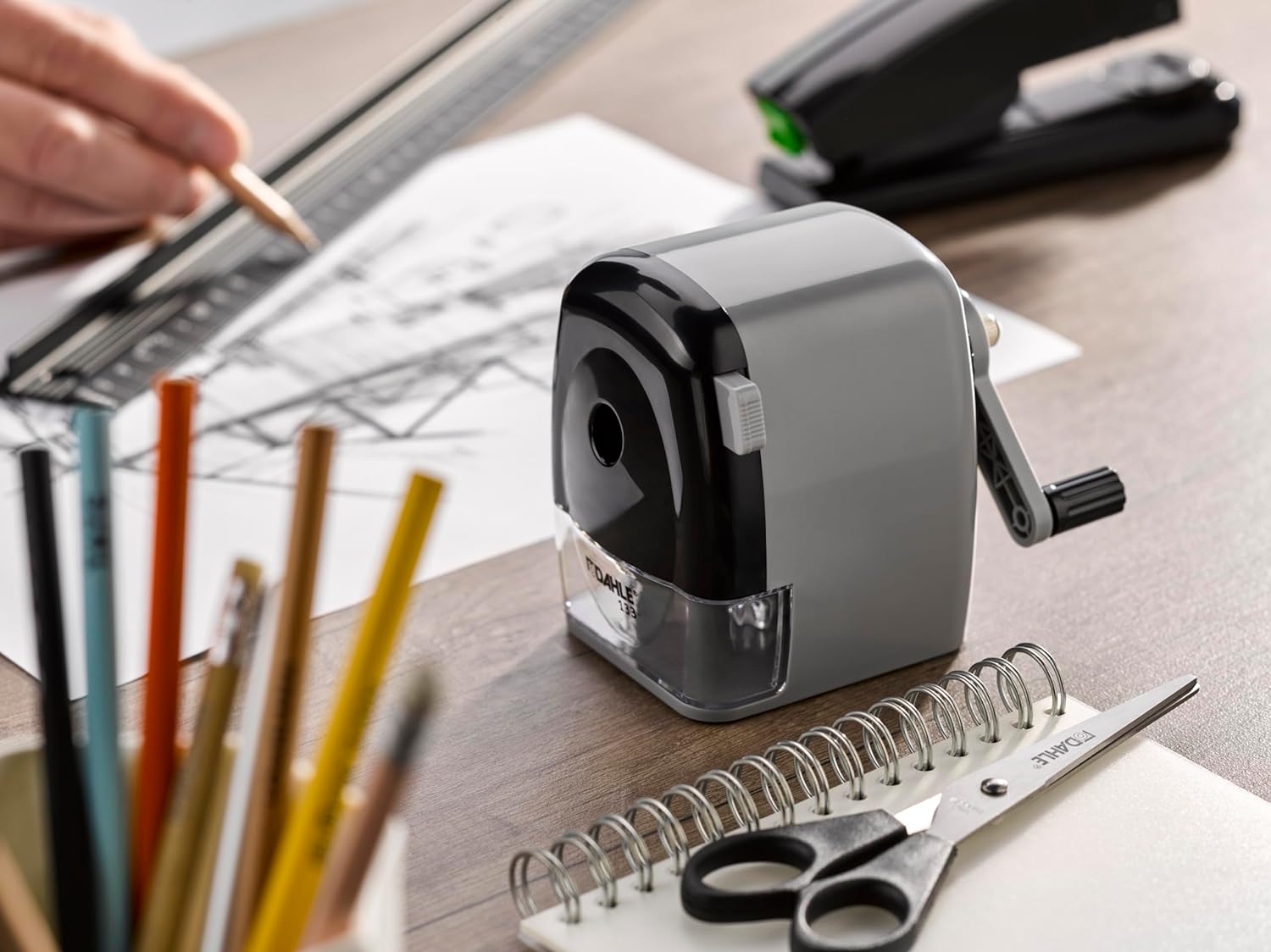 Dahle 133 Manual Standard and Oversized Pencil Sharpener - Adjustable Point, Shavings Cup, Mounting Clamp - for Home and Office Use - Silver Black