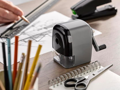 Dahle 133 Manual Standard and Oversized Pencil Sharpener - Adjustable Point, Shavings Cup, Mounting Clamp - for Home and Office Use - Silver Black