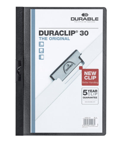 Durable DURAClip 30 A4 Clip Folder | Holds Up to 30 Sheets of A4 Paper | Robust Metal Sprung Clip | Pack of 25 Black Coloured Files
