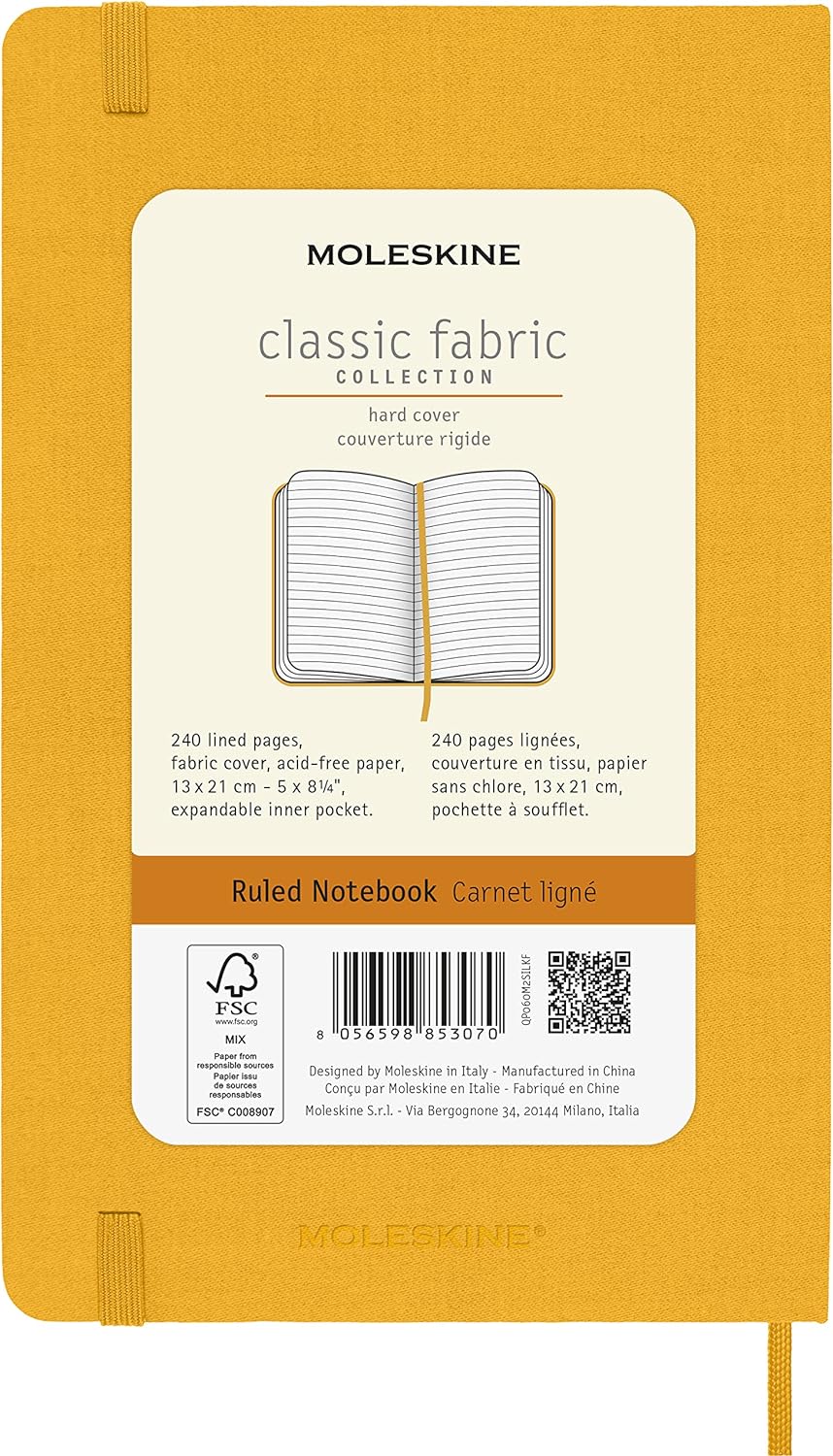 Moleskine Classic Ruled Plain Paper Notebook, Silk Hard Cover and Elastic Closure, Large Size, Colour Orange Yellow