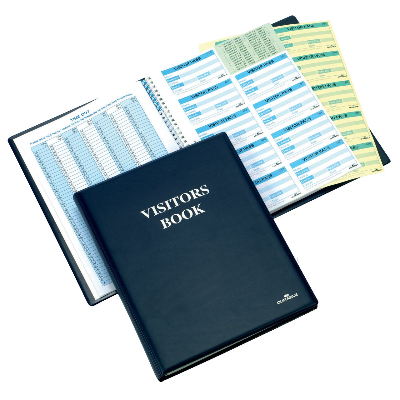 Durable Visitor Book 300 - With Leather Look Front Cover - Includes 300 Perforated 90 x 60 mm Visitor Badge Inserts - Perfect for Schools, Offices, Hotels, Etc