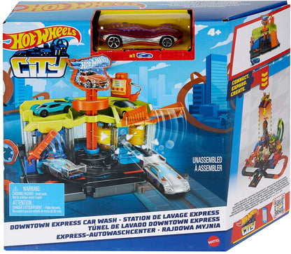 Hot Wheels City Lavadero de Coches exprés Pista para Coches de Juguete, Incluye 1 vehículo, +4 años (Mattel HDR27