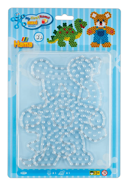 Hama Perlen 8101 Peg Plates Set of 2 for Maxi Ironing Beads with Diameter 10 mm, Teddy Bear and Dinosaur Motifs in Transparent, Creative Craft Fun for Children and Teenagers Teddy and dino