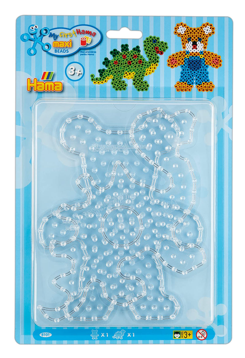 Hama Perlen 8101 Peg Plates Set of 2 for Maxi Ironing Beads with Diameter 10 mm, Teddy Bear and Dinosaur Motifs in Transparent, Creative Craft Fun for Children and Teenagers Teddy and dino