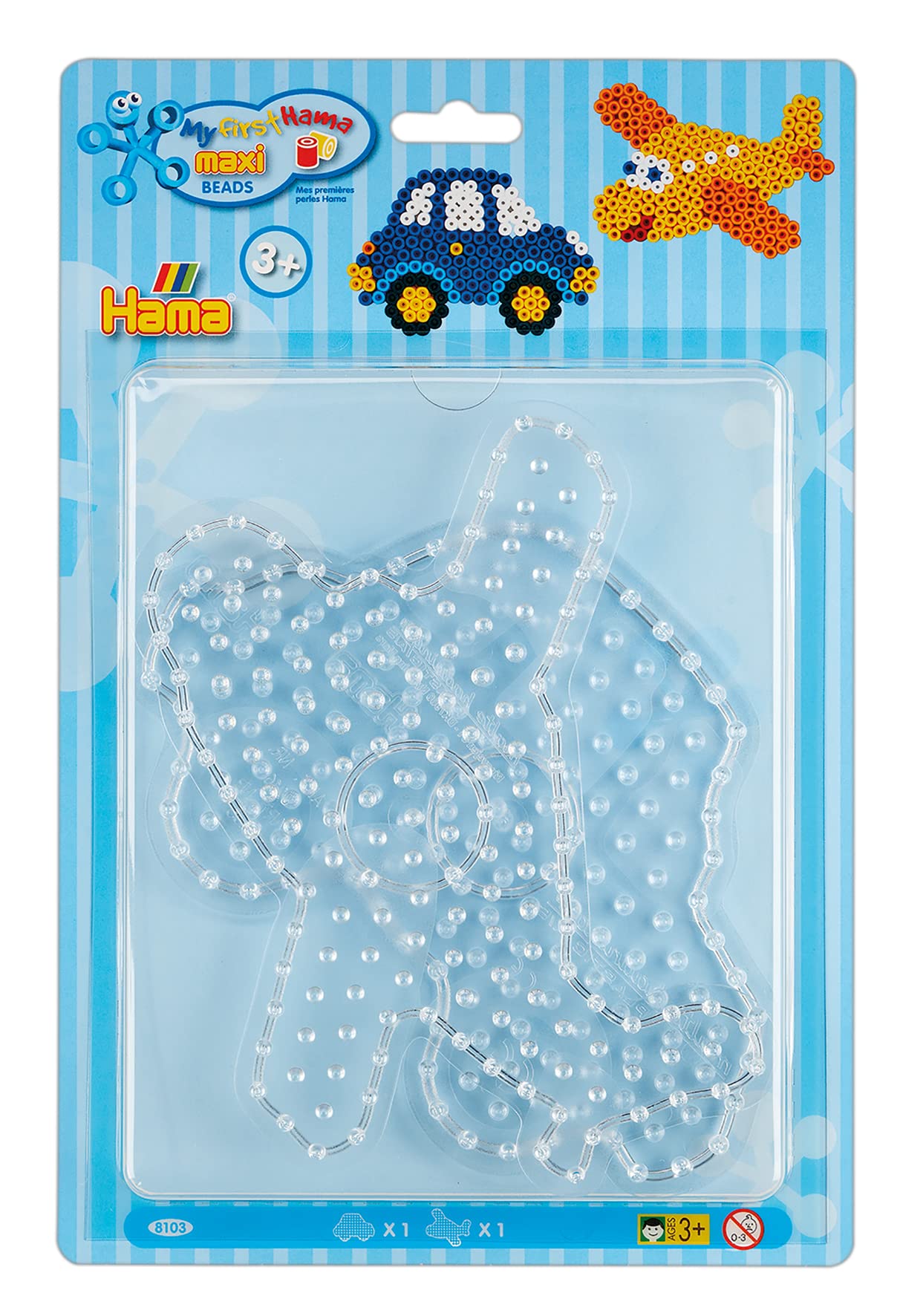 Hama Perlen 8103 Peg Plates Set of 2 for Maxi Ironing Beads with Diameter 10 mm, Car and Aeroplane Motifs in Transparent, Creative Craft Fun for Children and Teenagers Car and plane