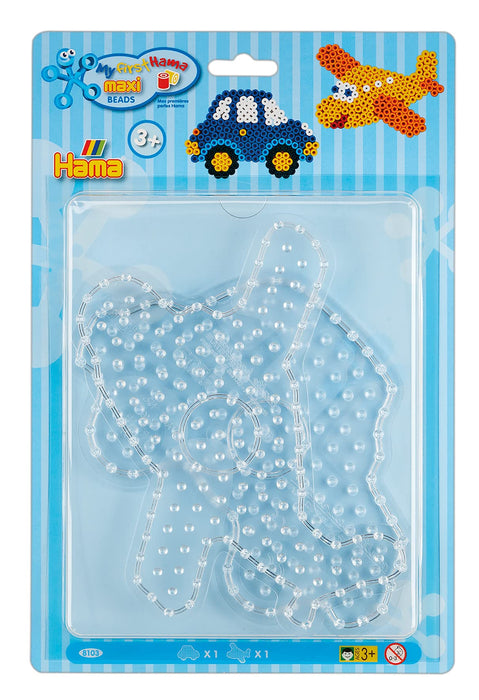 Hama Perlen 8103 Peg Plates Set of 2 for Maxi Ironing Beads with Diameter 10 mm, Car and Aeroplane Motifs in Transparent, Creative Craft Fun for Children and Teenagers