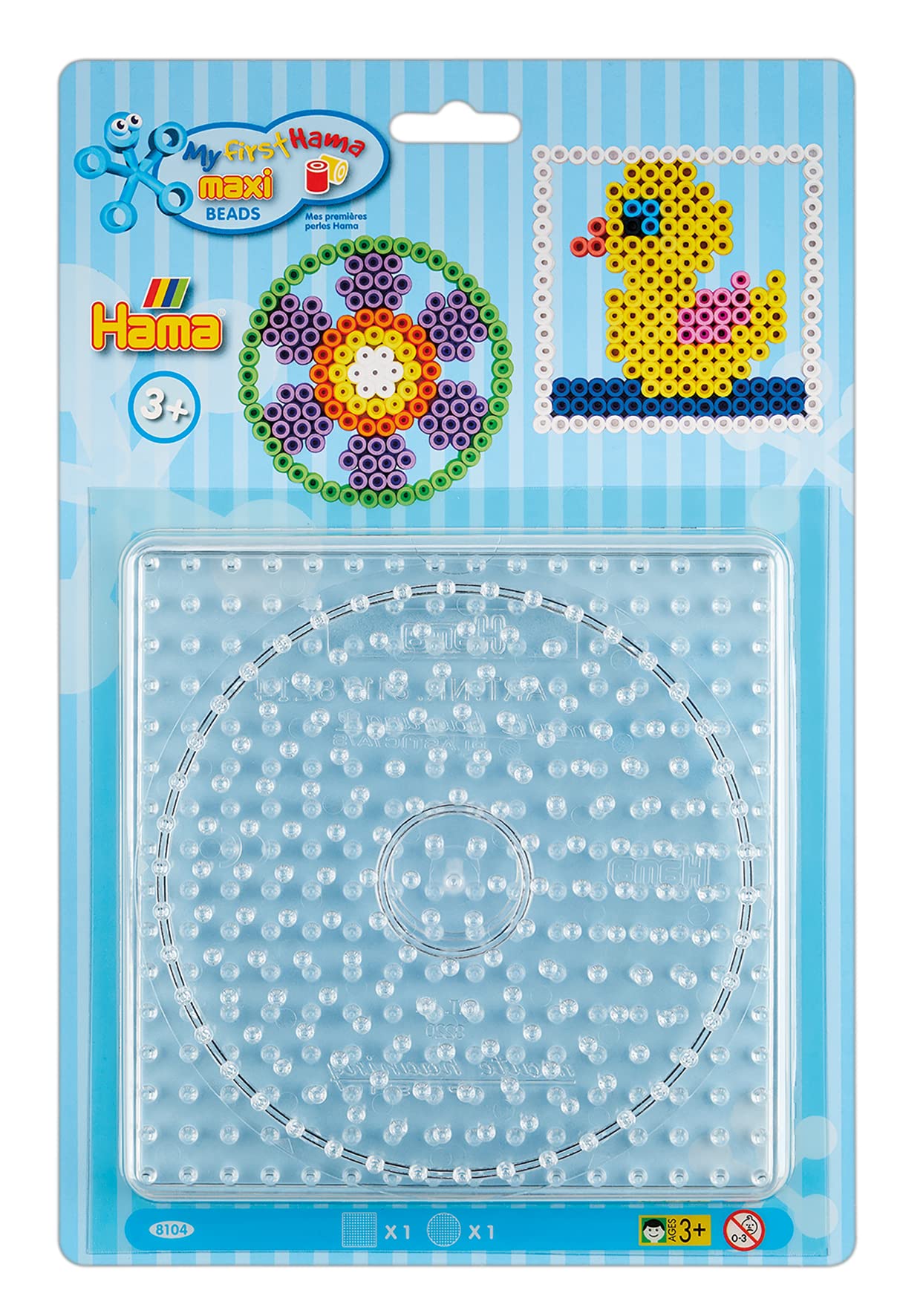 Hama Perlen 8104 Peg Plates Set of 2 for Maxi Ironing Beads with Diameter 10 mm, Motifs Square and Circle in Transparent, Creative Craft Fun for Children and Teenagers