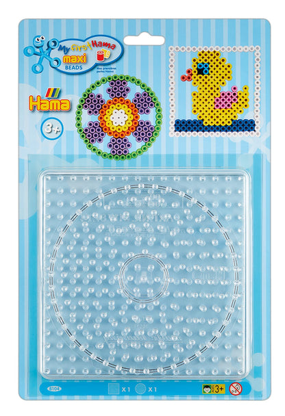Hama Perlen 8104 Peg Plates Set of 2 for Maxi Ironing Beads with Diameter 10 mm, Motifs Square and Circle in Transparent, Creative Craft Fun for Children and Teenagers