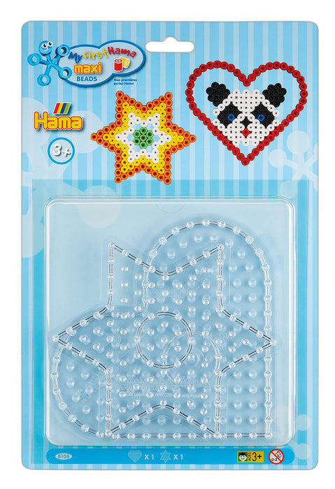 Hama Perlen 8105 Peg Plates Set of 2 for Maxi Ironing Beads with Diameter 10 mm, Heart and Star Motifs in Transparent, Creative Craft Fun for Children and Teenagers