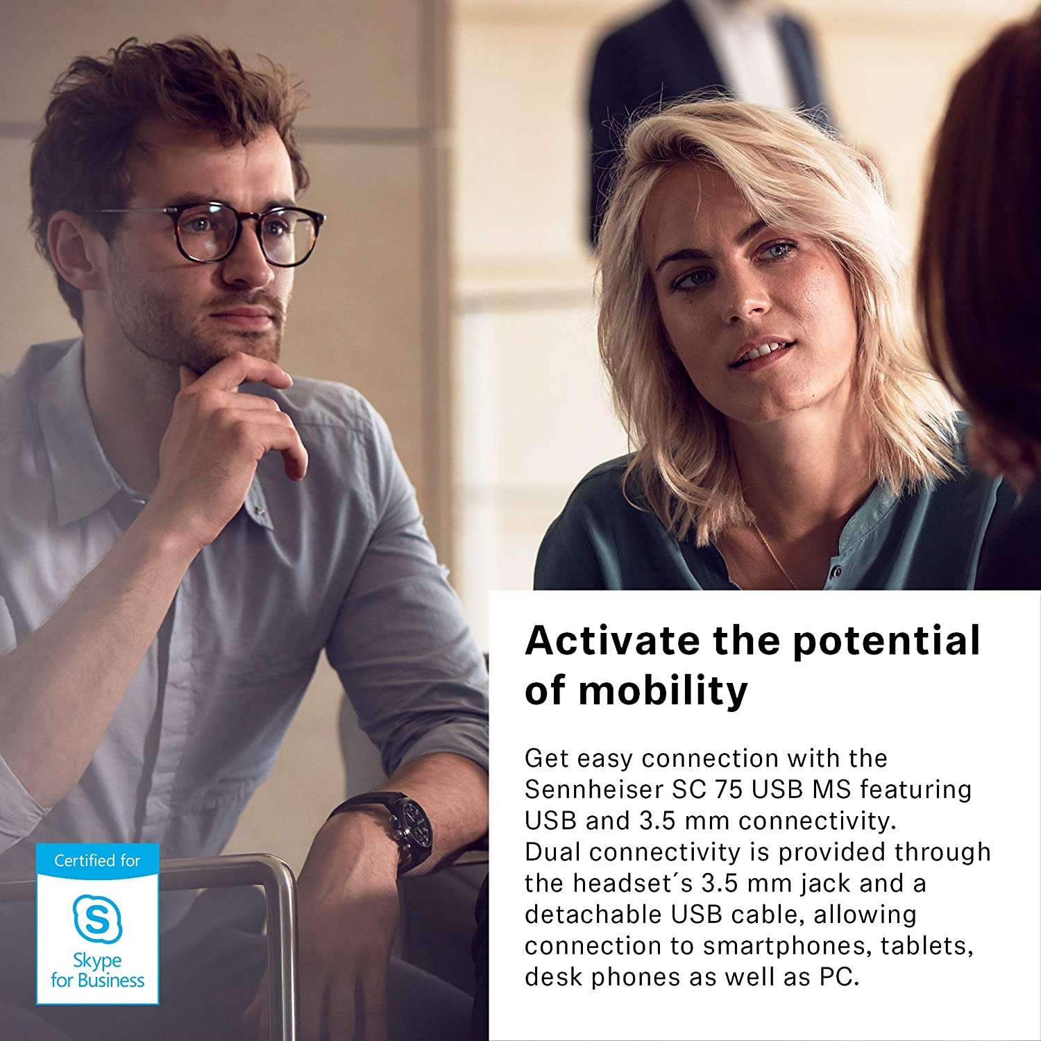 Sennheiser SC 75 USB MS (507086) - Double-Sided Business Headset | For Skype for Business, with Mobile Phone, Tablet, Softphone, and PC | HD Sound & Noise-Cancelling Microphone (Black