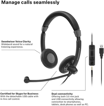 Sennheiser SC 75 USB MS (507086) - Double-Sided Business Headset | For Skype for Business, with Mobile Phone, Tablet, Softphone, and PC | HD Sound & Noise-Cancelling Microphone (Black