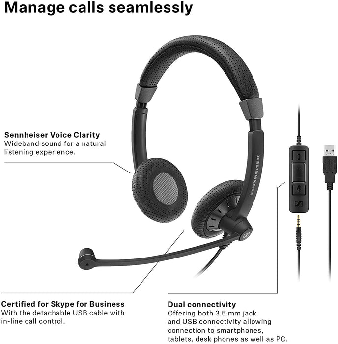 Sennheiser SC 75 USB MS (507086) - Double-Sided Business Headset | For Skype for Business, with Mobile Phone, Tablet, Softphone, and PC | HD Sound & Noise-Cancelling Microphone (Black