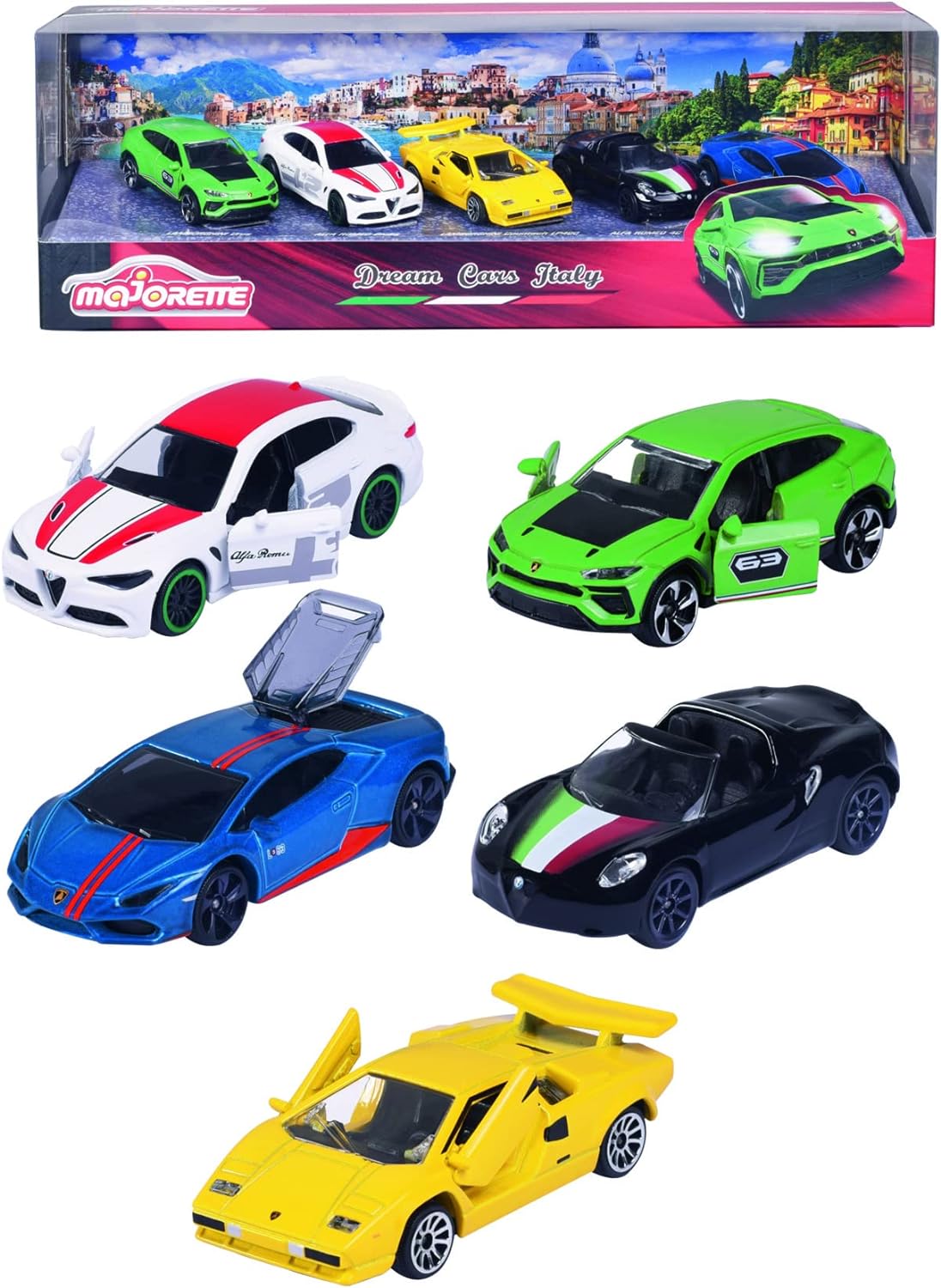 Majorette 212053178 Italian Dream Cars Gift Box-Features Five Premium Model Vehicles from Fiat, Alpha Romeo, and Lamborghini