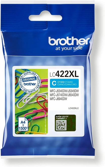 Original Brother LC-422XLC Cyan Ink Cartridge for 1,500 Pages for MFC-J5340DW, MFC-J5345DW, MFC-J5740DW, MFC-J6540DW, MFC-J6940DW